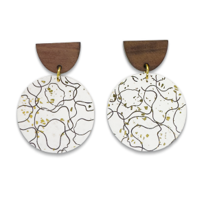 White and gold leaf polymer clay with black pattern in a large round drop earring with half round wooden stud