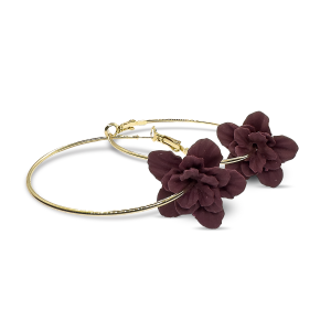 50mm thin gold hoop with burgundy flower