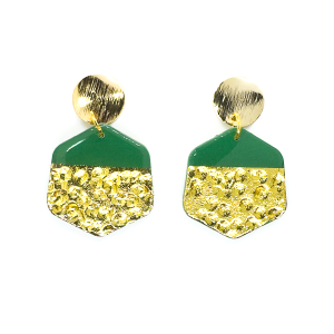 Freya Hex Olive green large hexagonal shaped earring with beaten metal effect in high gloss finish with round brush