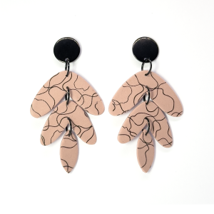 Blush and black patterned long dangly earring with black stud