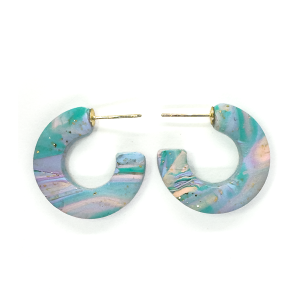 Fiesta hoops disco- pink, lilac, aqua and green marble polymer clay C-shaped hoop earring with gold stud