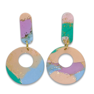 Pink, lilac, aqua and green marble polymer clay round dangly earring with long bar stud with gold fixing