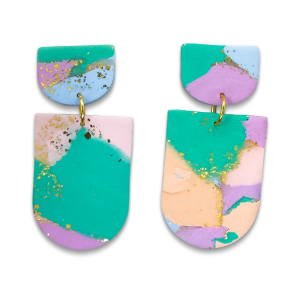 Pink, lilac, aqua and green marble polymer clay shield shaped dangly earring with gold stud