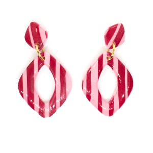 Holly Go Lightly, pink and red striped short diamond shaped high gloss dangly earring with gold stud