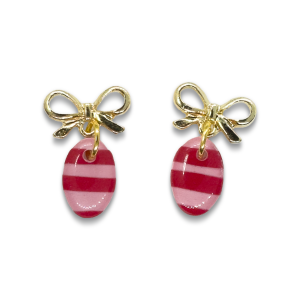 Holly Kisses-pink and red striped oval shaped drop earring on a petite gold bow, high gloss finish