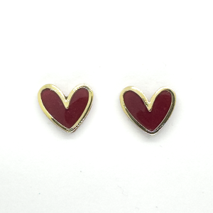 burgundy coloured heart shaped earrings with a gold band