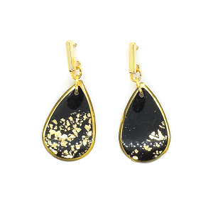 Teardrop shaped black and gold fleck earrings with high gloss finish on gold bar stud