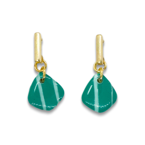 Jade drop -sage and forest green striped small shield shape earring with petite gold bar stud in high gloss finish
