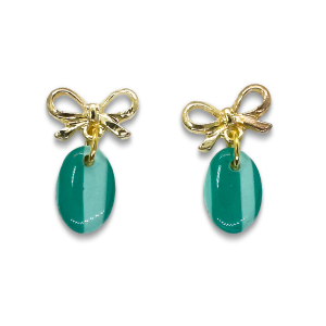 Jade Kisses - sage and forest green striped small shield shape earring with petite gold bar stud in high gloss finish