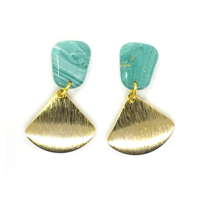 Marble verde allure earrings are a small green marble, round rectangular shaped stud with sparkly gold leaf and high gloss finish with gold fan shape charm
