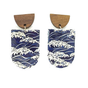 Deep blue and white wave print earring in shield shape with wooden half round stud, fixing stainless steel