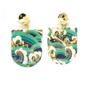 Aqua, deep blue and white wave print earring, with gold leaf on molten gold round stud
