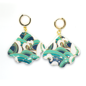 Aqua, deep blue and white wave print shell-shaped earring, with gold leaf on gold huggie