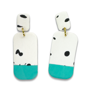 Peggy Sue Drop earrings - Dalmatian print bar shaped earring with mint green bottom, on gold stud
