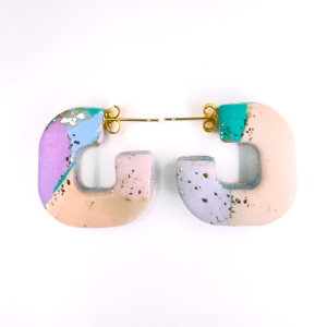 square shaped brightly coloured earring made from polymer clay with gold fixing