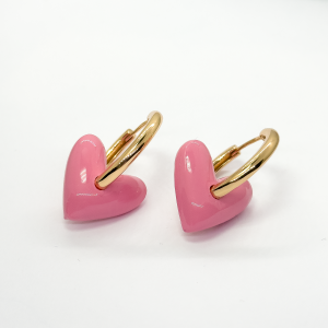 Flamingo pink bubble heart charm earrings, set on medium sized gold hoops. part of the seasonal collection.