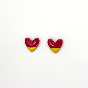 Small red, Ophelia heart earring with sparkly gold edging and high gloss finish, part of the seasonal collection.