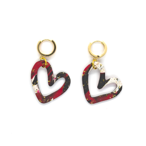 Red, black and white large heart cut out earrings with gold leaf and gold mini huggie fixings